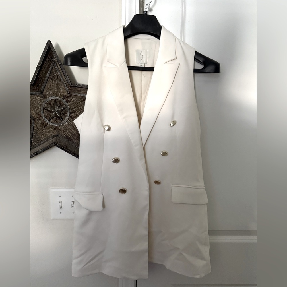 White, long blazer vest with gold buttons, size small